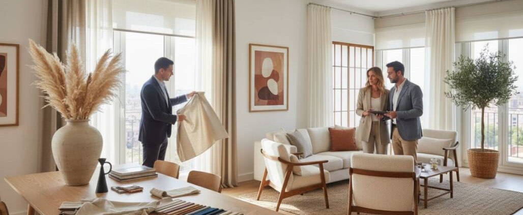 Fotografía publicitaria realista de alta calidad en un elegante hogar moderno de Barcelona, España. Un espacio interior luminoso y sofisticado con grandes ventanales vestidos con cortinas a medida, estores modernos y paneles japoneses de diseño. Un especialista en decoración asesora a una pareja sobre diferentes sistemas de cortinaje, mostrando tejidos y acabados premium. Ambiente acogedor, minimalista y contemporáneo, con decoración mediterránea y luz natural entrando por las ventanas. Estilo corporativo y profesional, transmitiendo confianza, diseño y personalización para el hogar y espacios de trabajo. Imagen ultra realista, 8K, composición cinematográfica, profundidad de campo, estilo revista de interiorismo.