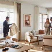 elegir-cortinas-a-a-medida-estores-paneles-japoneses-barcelona Fotografía publicitaria realista de alta calidad en un elegante hogar moderno de Barcelona, España. Un espacio interior luminoso y sofisticado con grandes ventanales vestidos con cortinas a medida, estores modernos y paneles japoneses de diseño. Un especialista en decoración asesora a una pareja sobre diferentes sistemas de cortinaje, mostrando tejidos y acabados premium. Ambiente acogedor, minimalista y contemporáneo, con decoración mediterránea y luz natural entrando por las ventanas. Estilo corporativo y profesional, transmitiendo confianza, diseño y personalización para el hogar y espacios de trabajo. Imagen ultra realista, 8K, composición cinematográfica, profundidad de campo, estilo revista de interiorismo.
